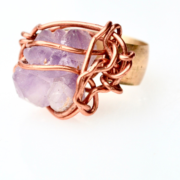 Conceptual Subculture Jewelry - Amethyst Brass Copper Ring  9.5 Wire Wrapped OOAK